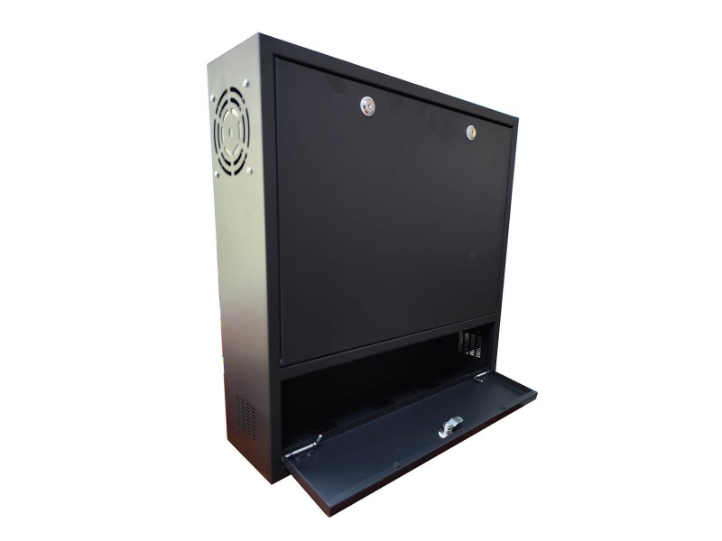 caja de seguridad para DVR y NVR con doble cerradura y ventilación lateral con cajon para cableado. SAM-4926