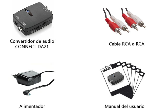 Este convertidor contiene tanto el cable RCA-RCA de audio en estéreo como el alimentador y el manual.