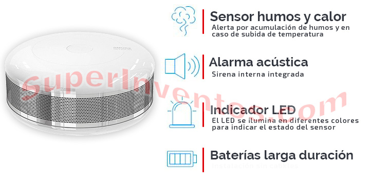 Sensor de humos y calor con alarma acústica para domótica ZWave
