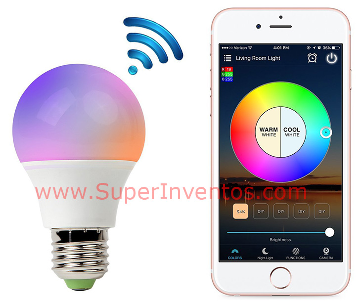 Bombilla smart con luz LED RGB y aplicación móvil.